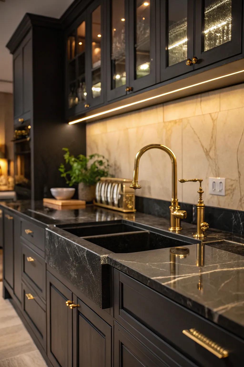 Brass installations enhance the elegance of ebony worktops.