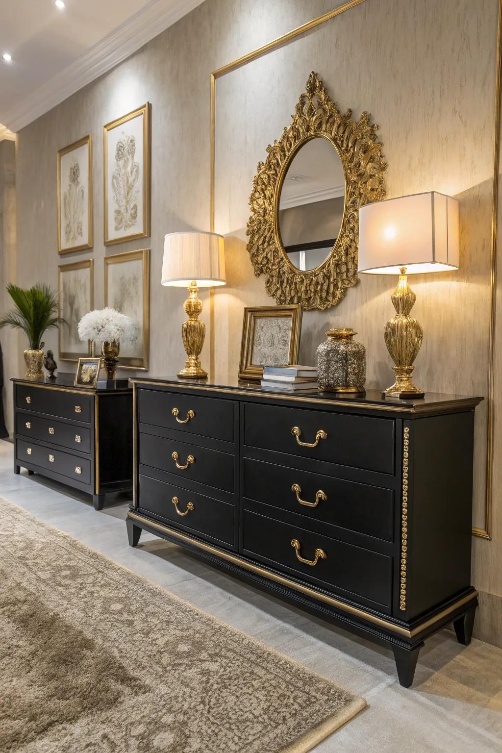 An elegant black dresser arrangement accentuated with golden touches.