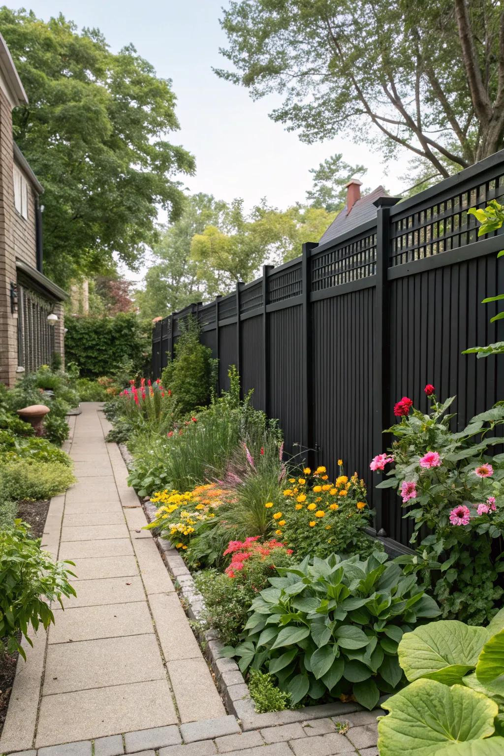 A tall dark fence provides seclusion and style in an urban garden.