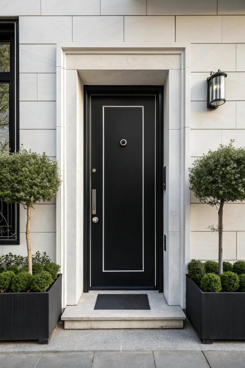A modern black door featuring minimalist white trim complements contemporary architectural designs.