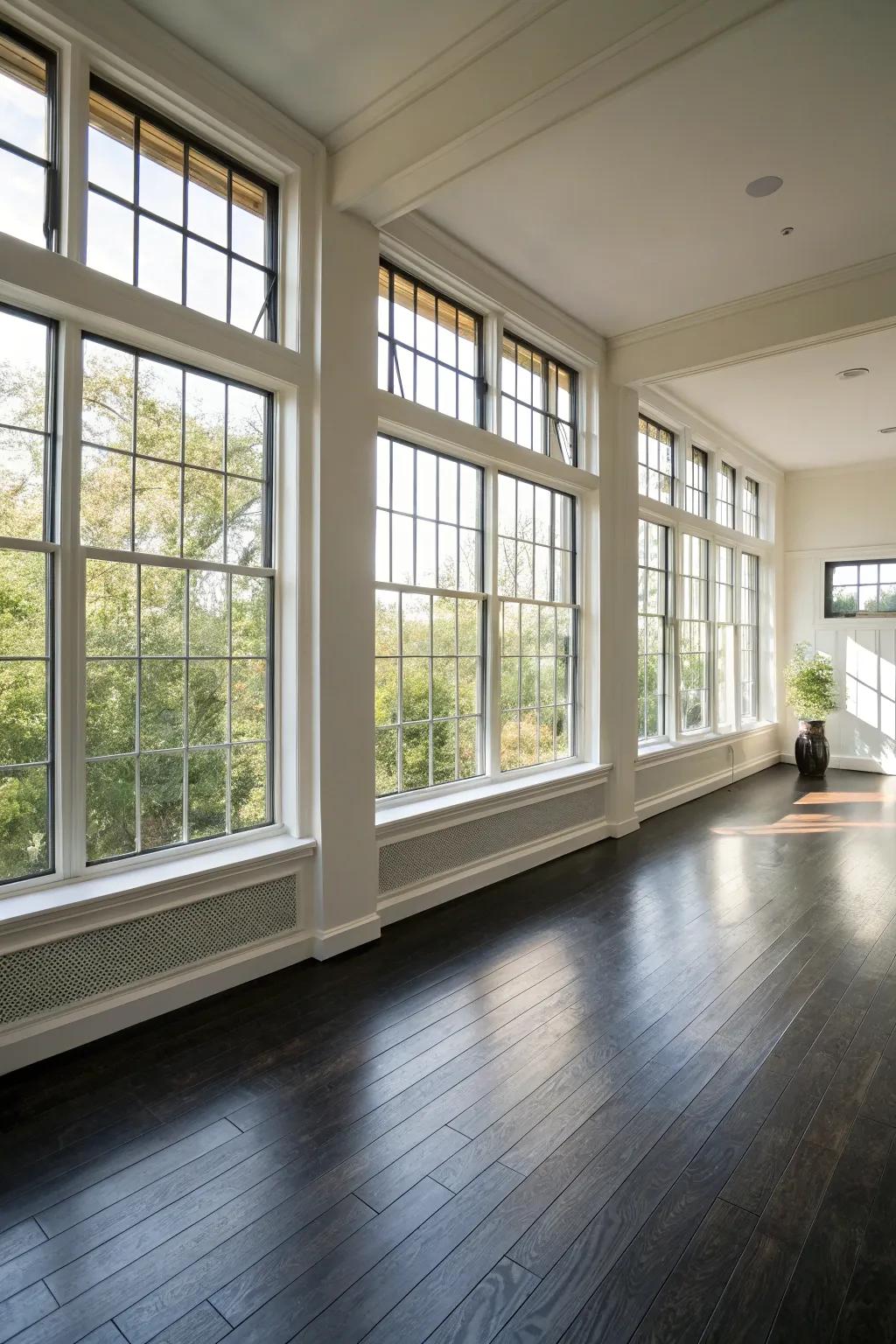 Natural light highlighting dark hardwood floors.