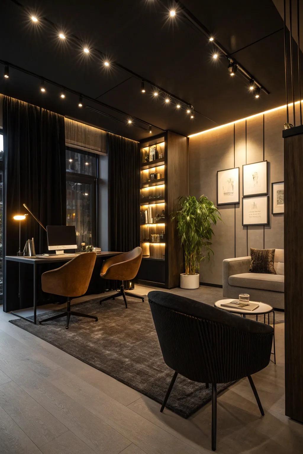 Accent lighting elevates the mood and style of a black office.