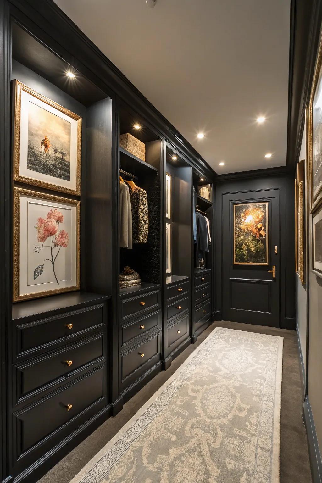 Art introduces a personal and sophisticated touch to this closet.