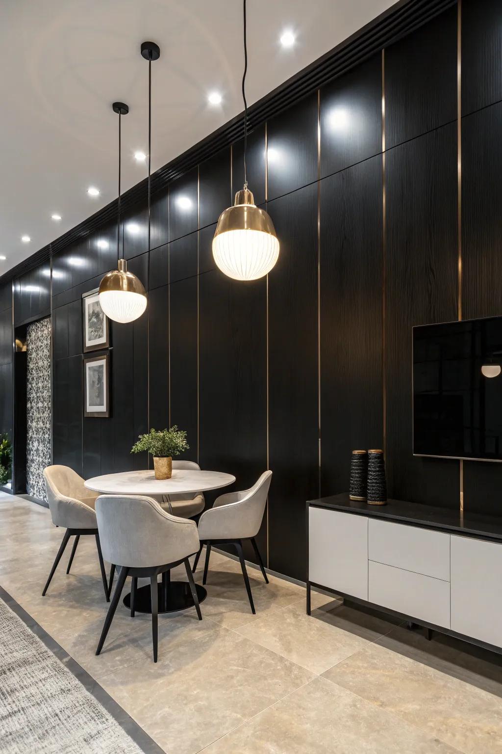 Hanging lights emphasizing a dark wall.