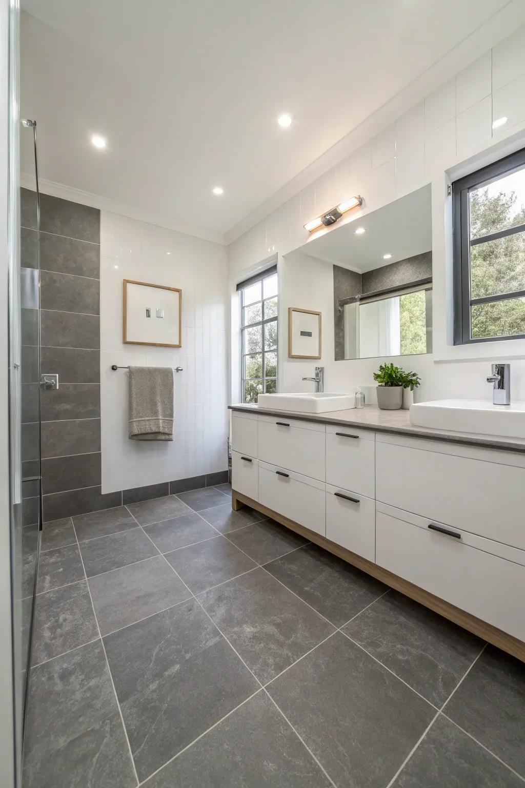 Sophisticated grey flooring provides a sleek foundation for this modern bathroom aesthetic.