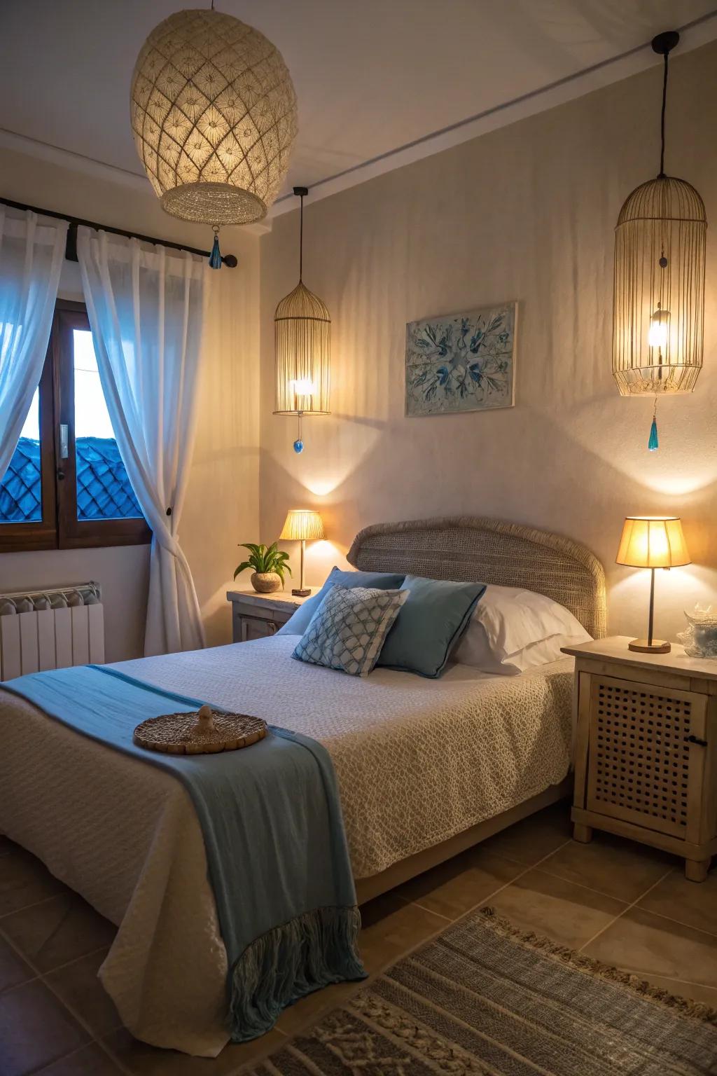 Gentle lighting in azure and sandstone enriches the room's inviting ambiance.