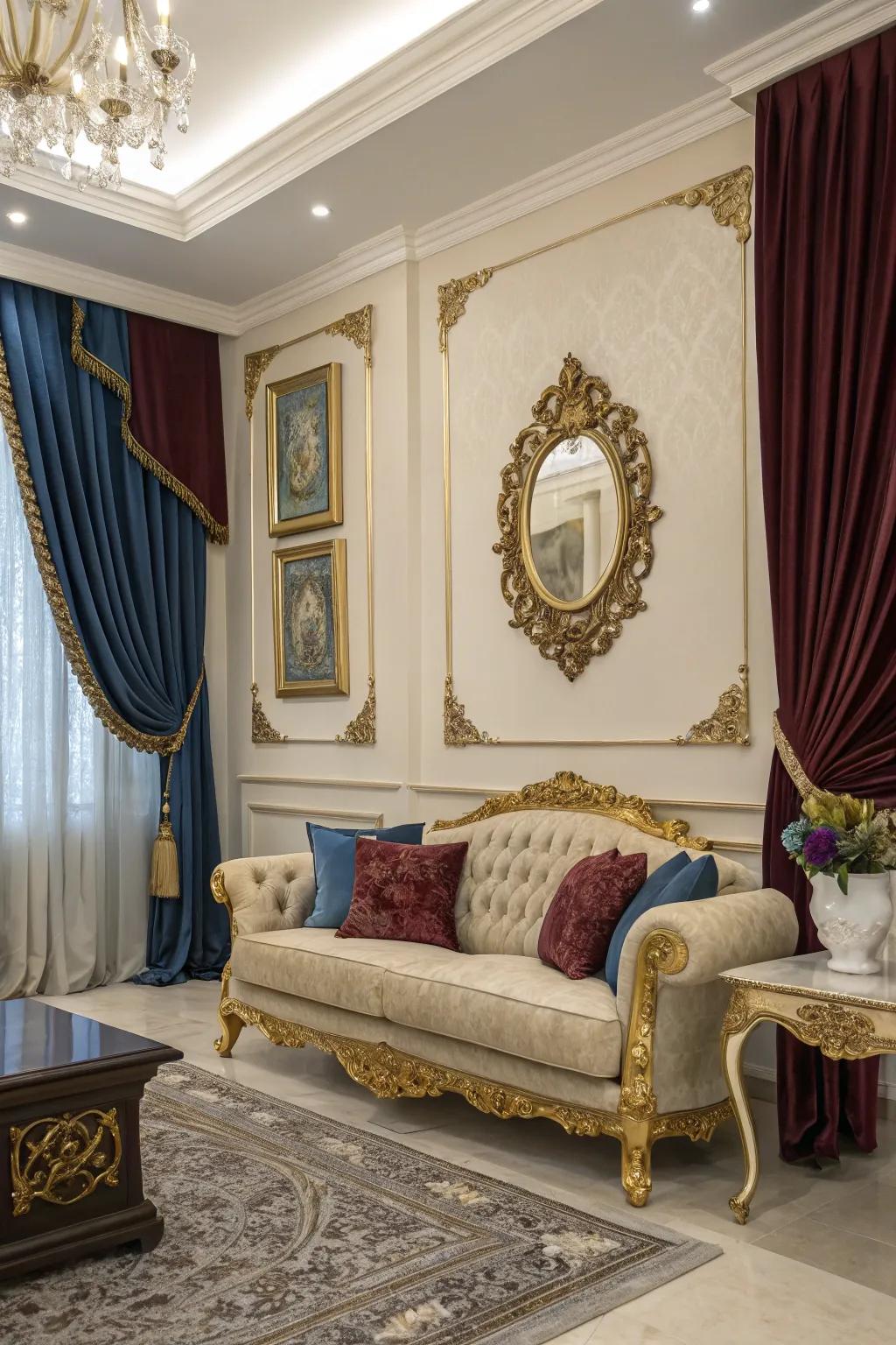Accents of gold bestow an opulent impression to the motifs of azure and crimson.