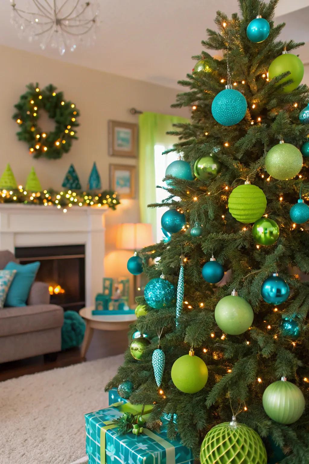 A Christmas tree adorned with turquoise and lime green, injecting energy and vitality into your holiday decor.