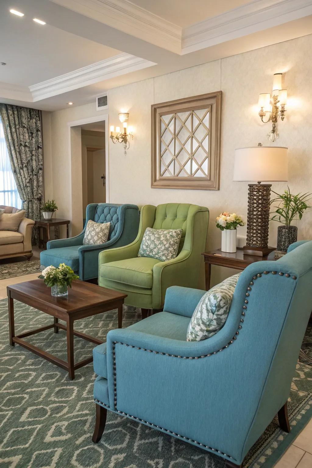 Highlight seating provides additional places to sit, and a burst of color.