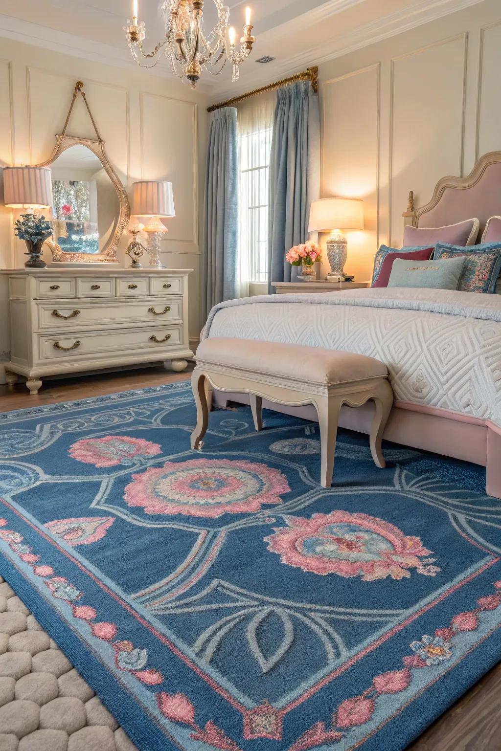 A patterned rug unites the room with color and texture.