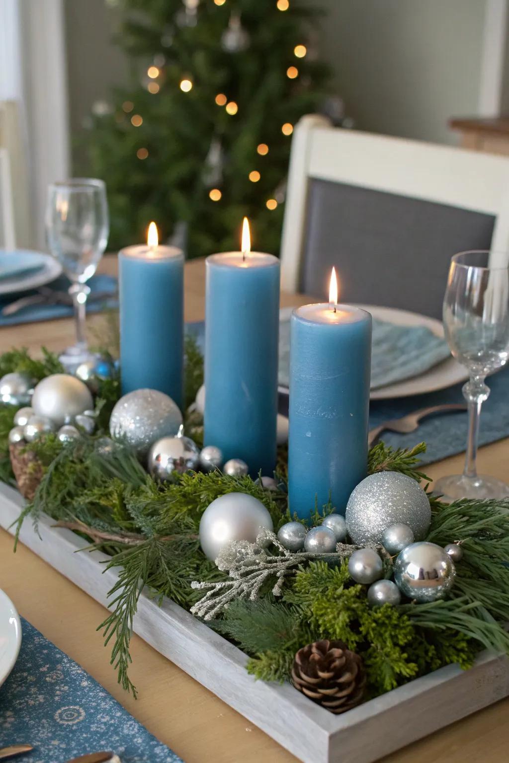 A captivating argent and azure Christmas table centerpiece