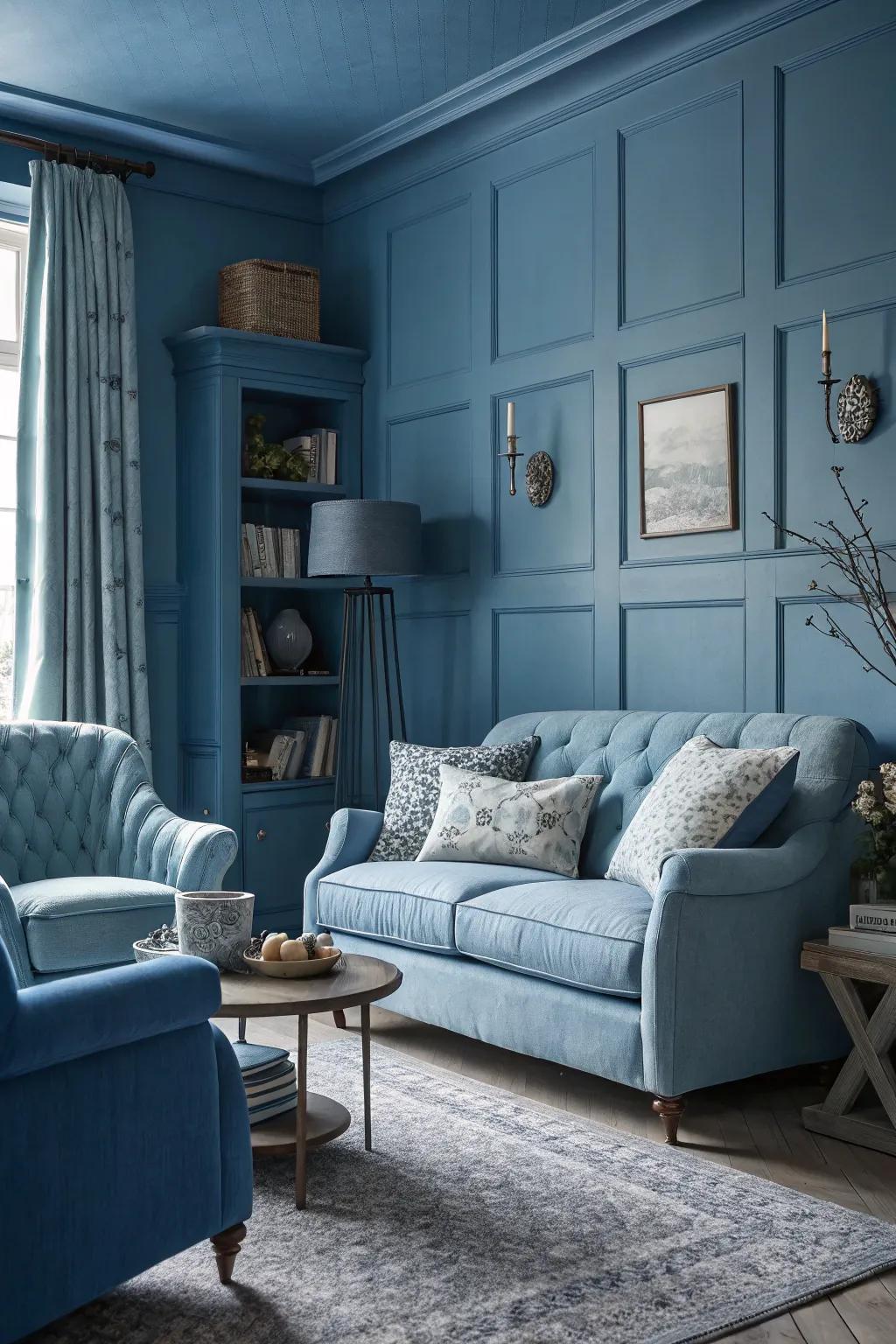 A harmonious monochromatic sapphire living room arrangement.