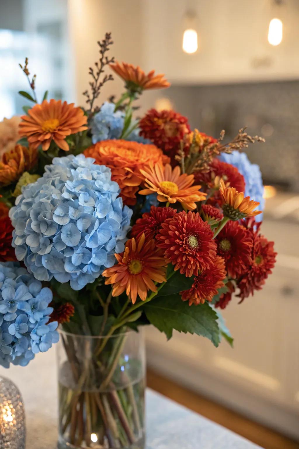 A unique floral composition combining azure and autumnal components.