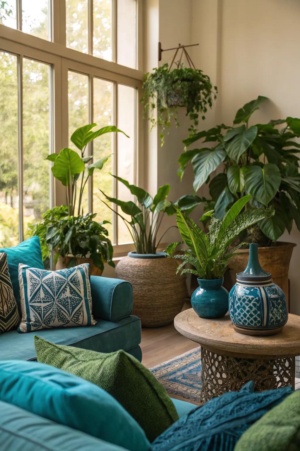 Greenery enhances the azure-verdant aesthetic.