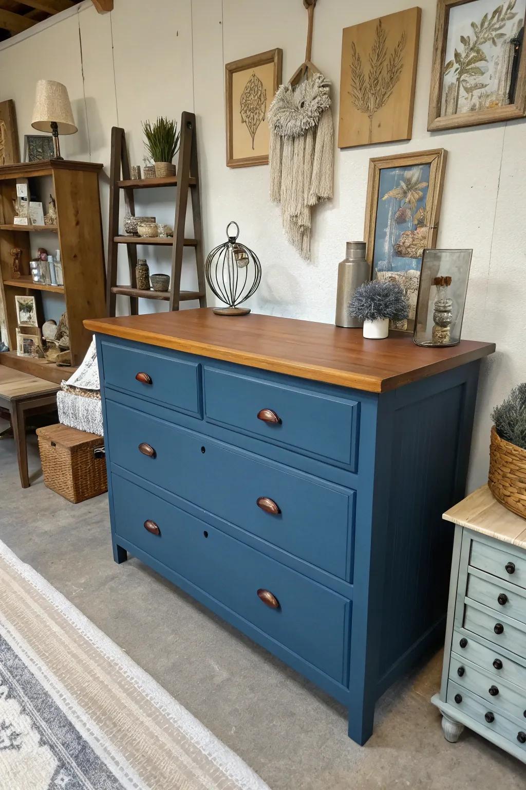 A blue and wood dual-tone dresser providing a distinctive design element.