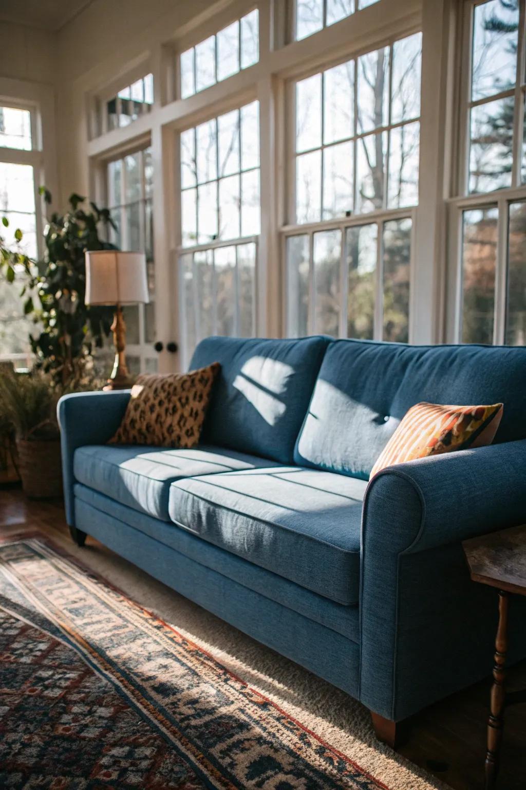 Sunlight enhances the vibrancy of a sapphire loveseat.