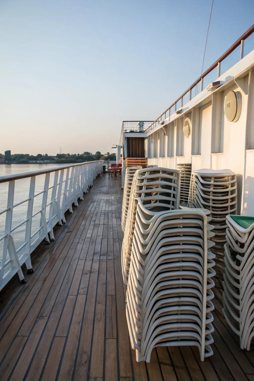 Stackable chairs neatly stored on a boat deck.