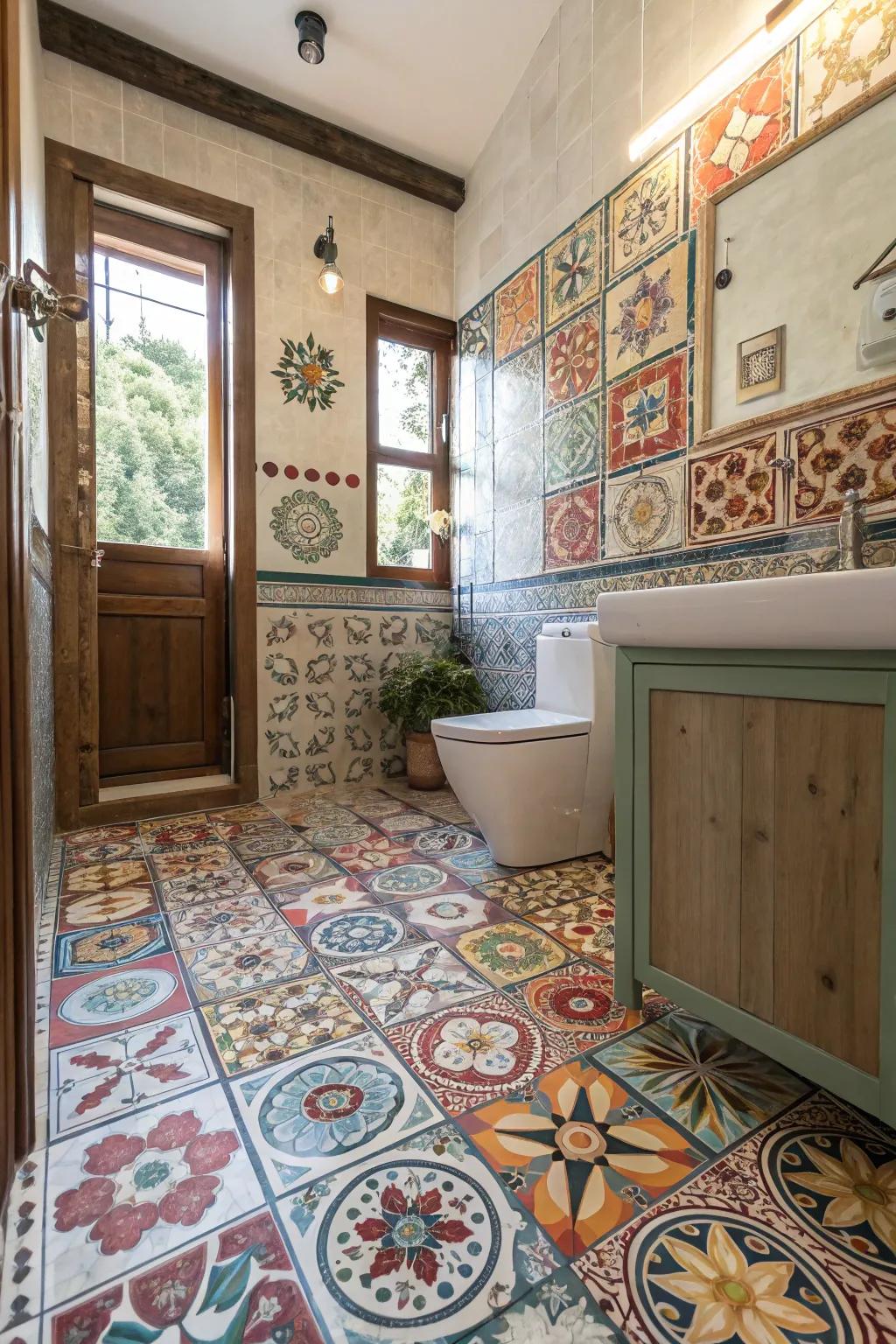 An eye-catching boho bathroom with a variety of eclectic piece designs.
