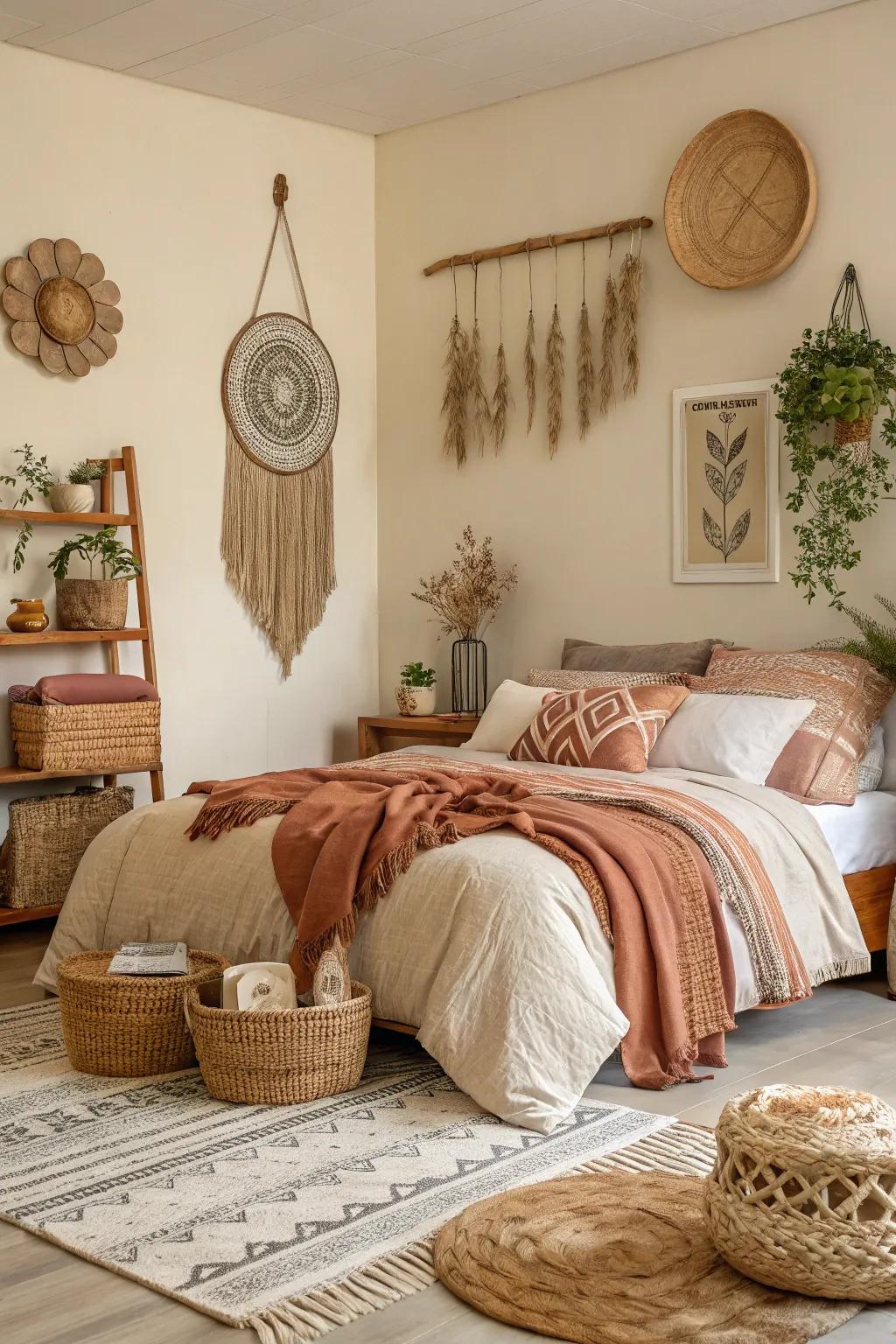 Neutral, earth-inspired shades build a tranquil vibe inside this bohemian bedroom.