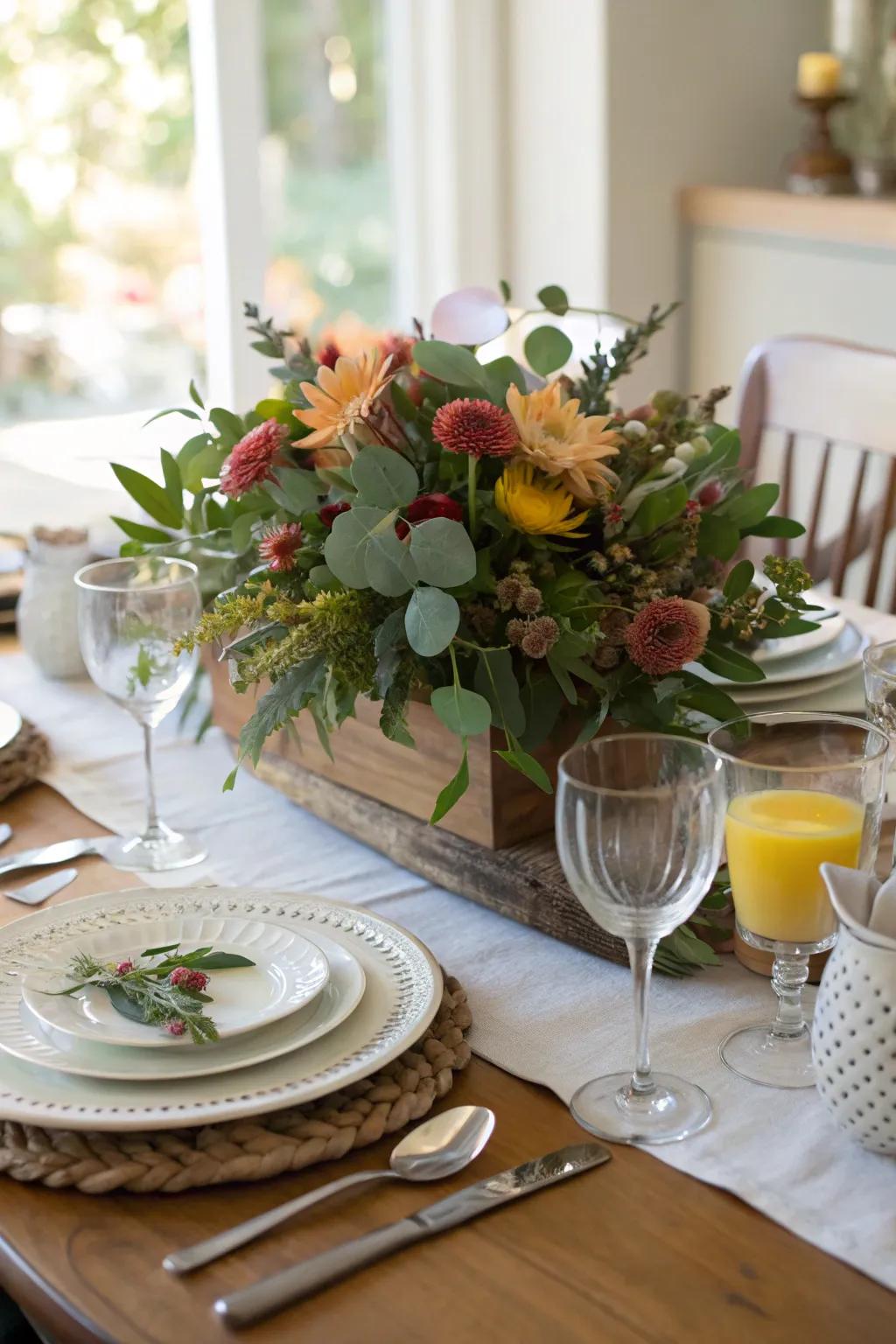 In-season blossoms and greenery make up a breathtaking centerpiece for a boho brunch.