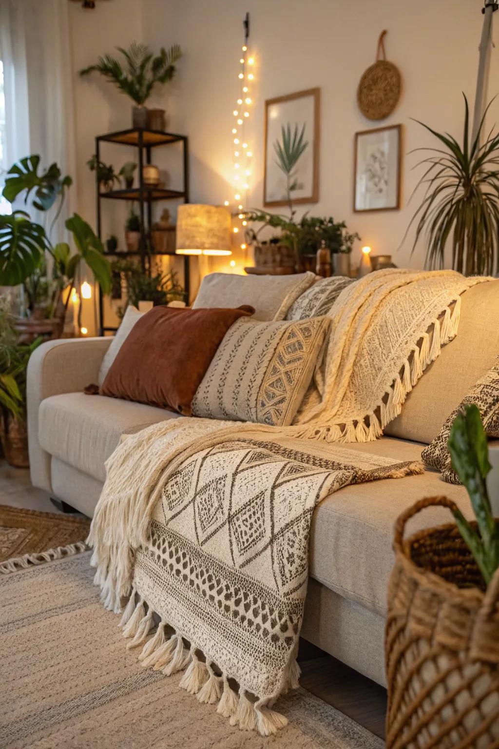 A snug bohemian arrangement with richly layered fabrics.