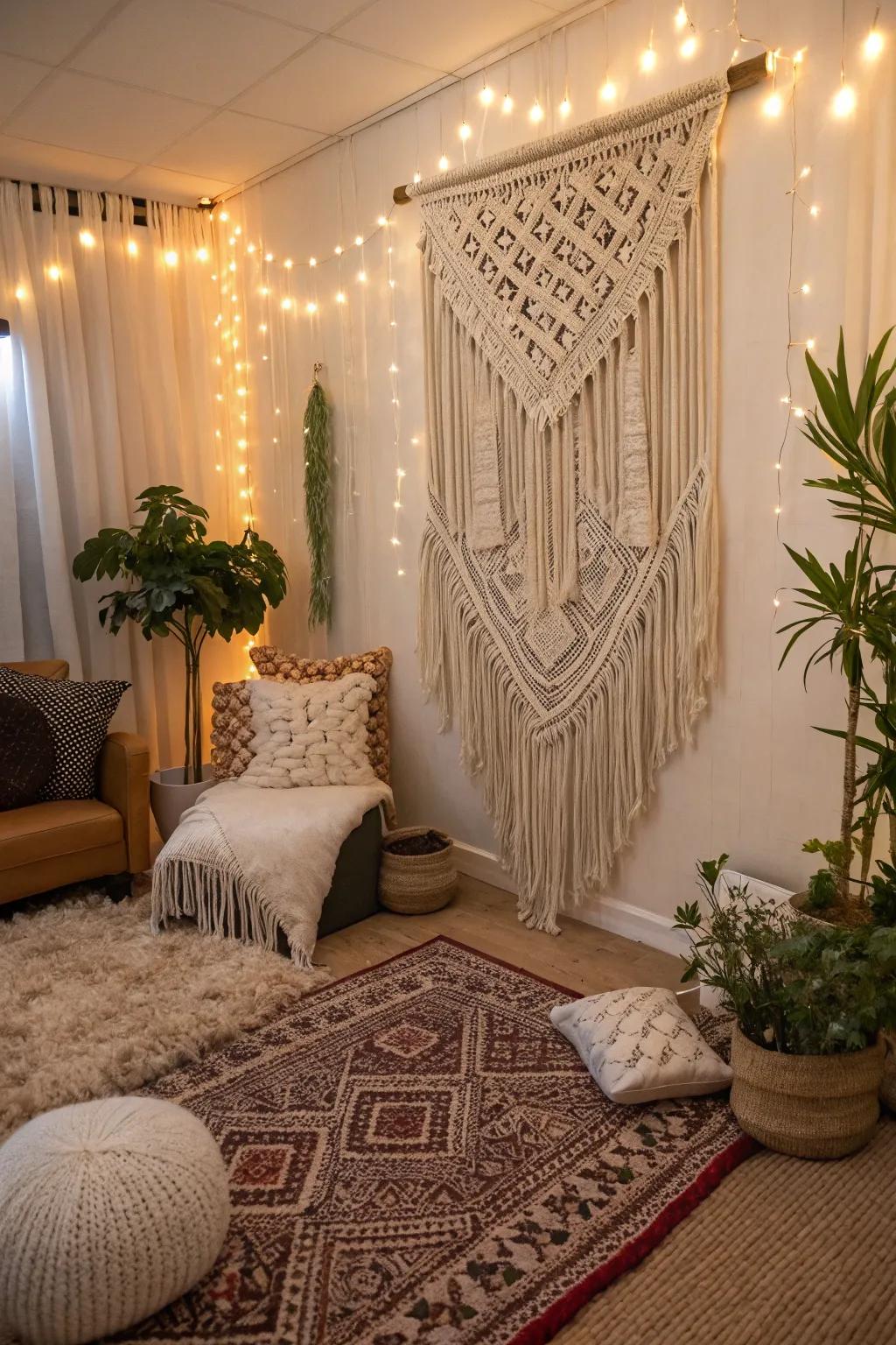 Fiber art hangings introduce texture and character to the space.