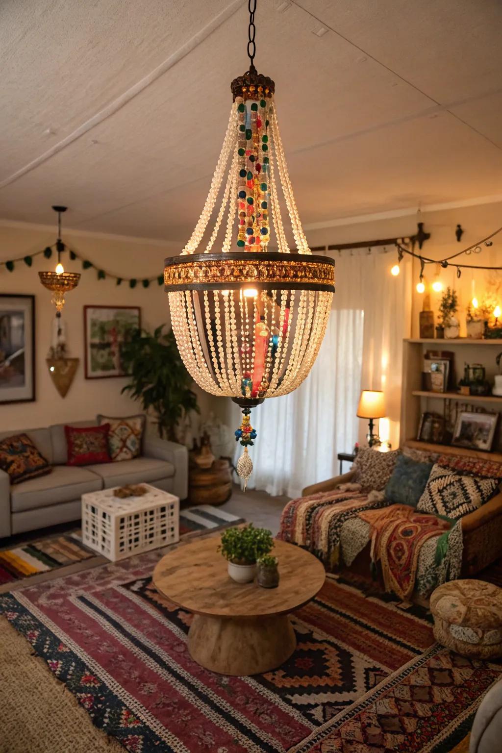An ornate chandelier serving as a focal point in a bohemian living area.