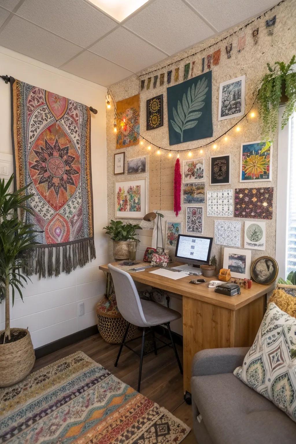 Personalized art and quotes add inspiration to the workspace.