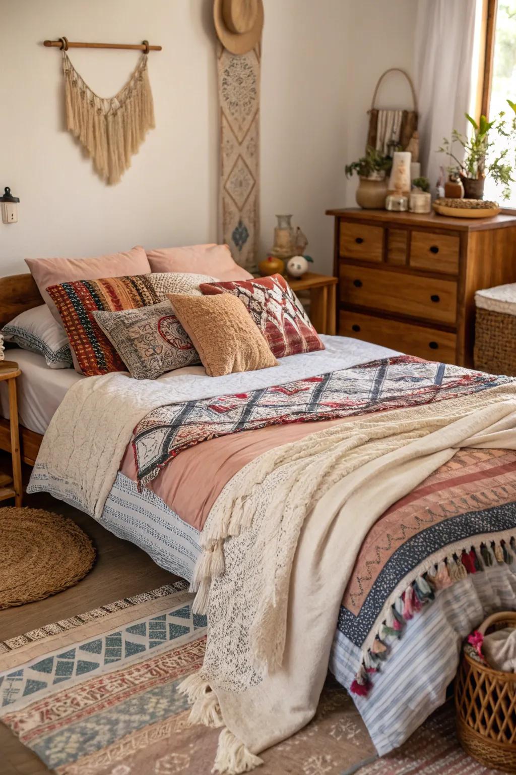 Layered textiles add to the comfort level in a bohemian room.