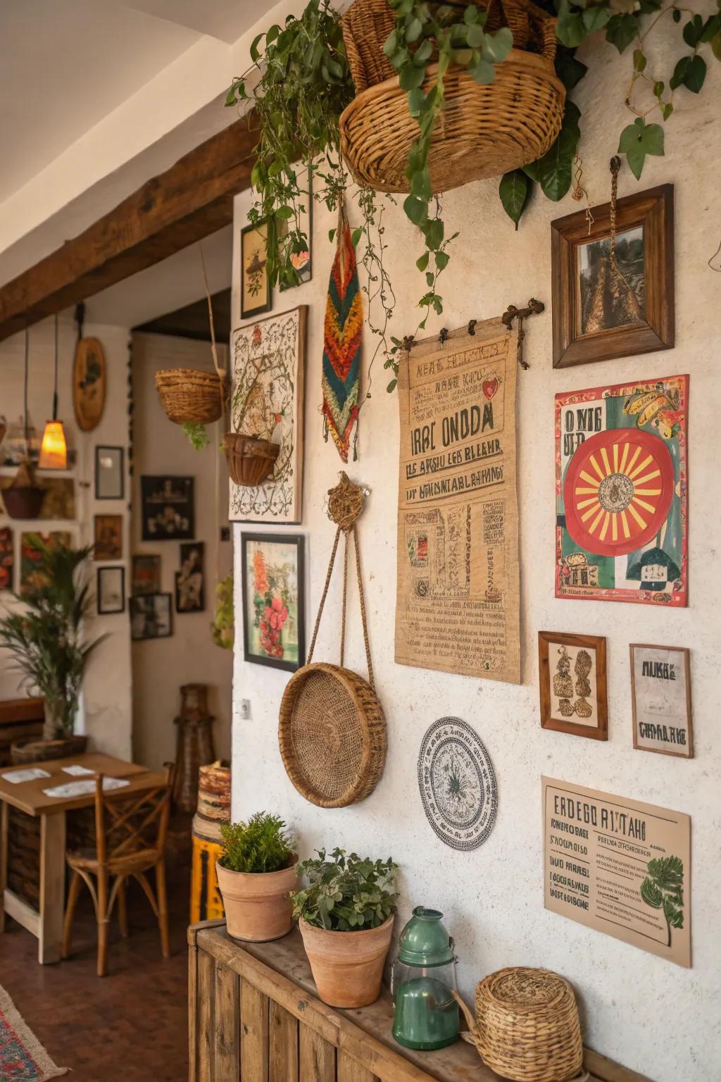A boho-themed wall enriched with hand-made treasures and vintage finds.