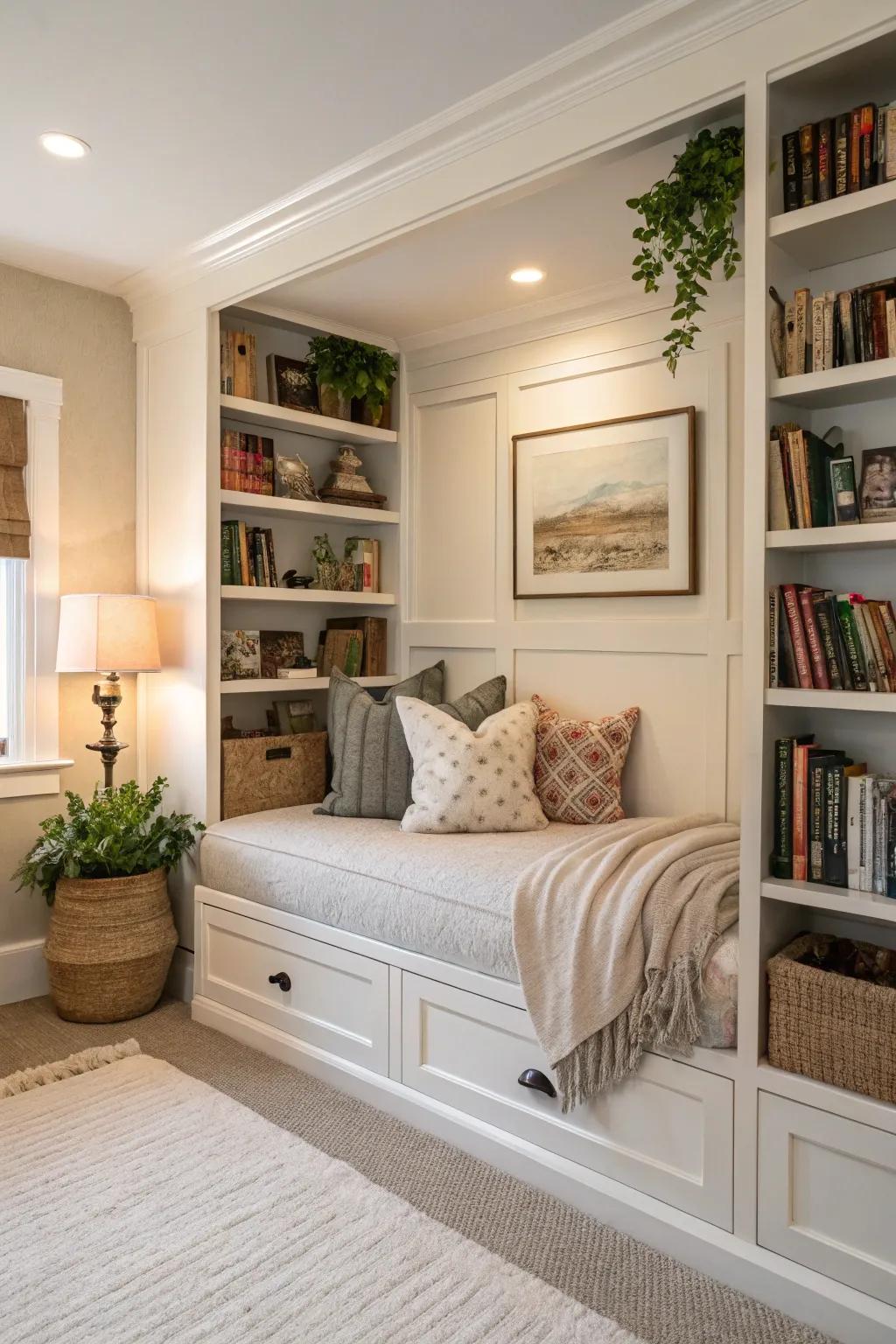An integrated book nook featuring a daybed for ultimate reading pleasure.