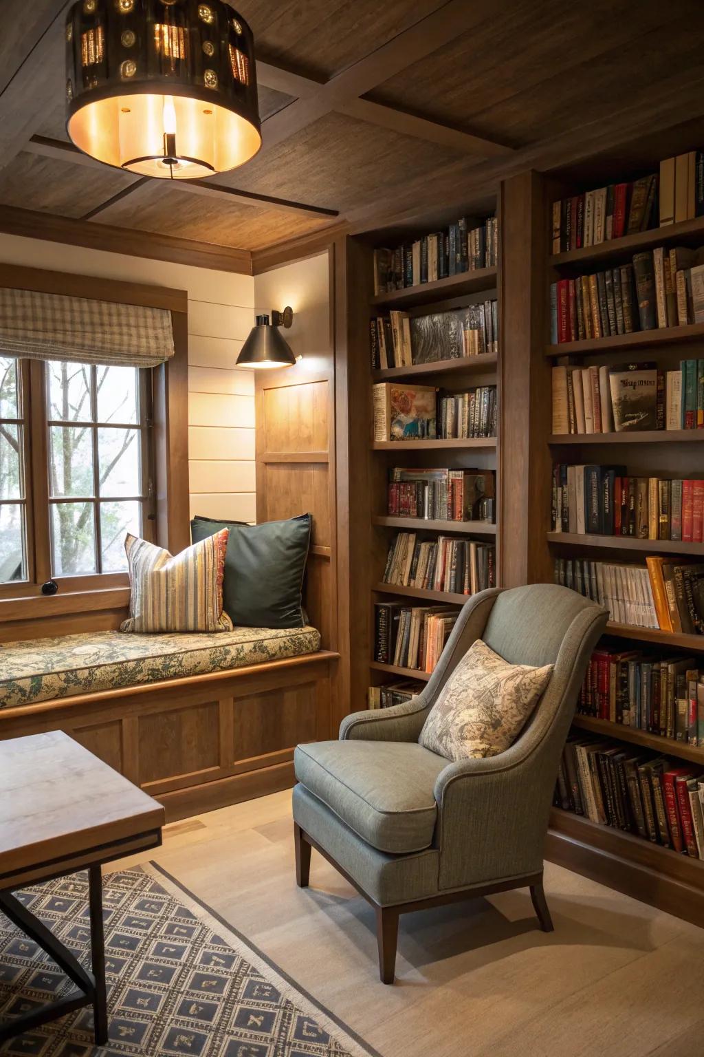 A cozy reading nook integrated with your book wall.