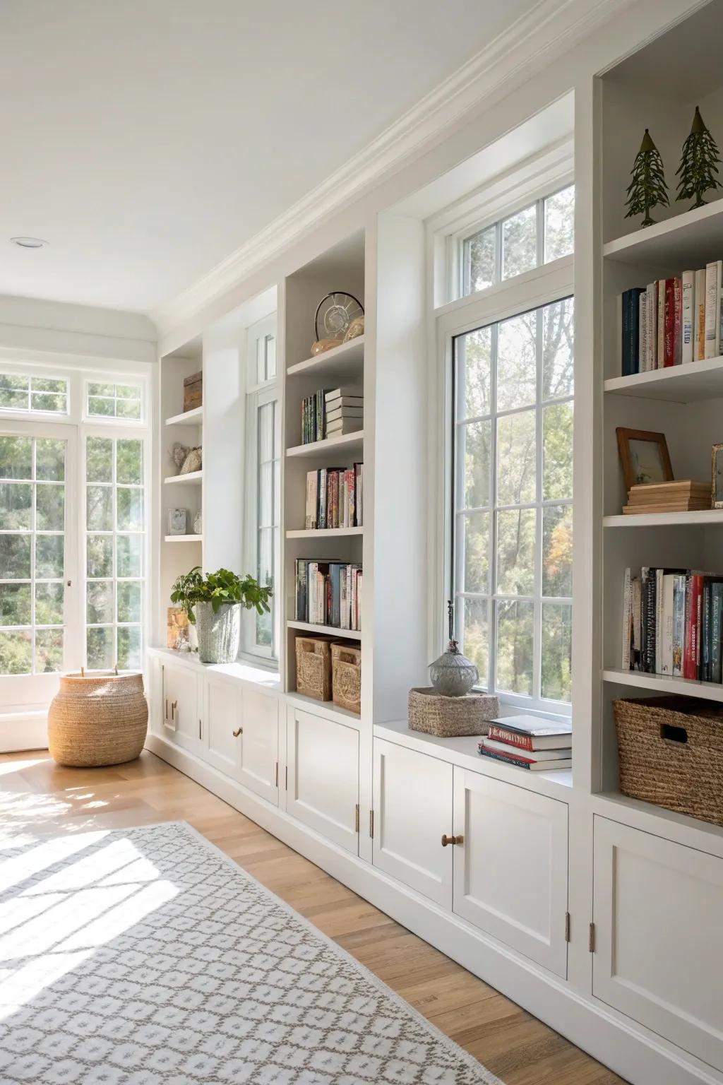 Pale shelves contribute to a bright and open atmosphere.