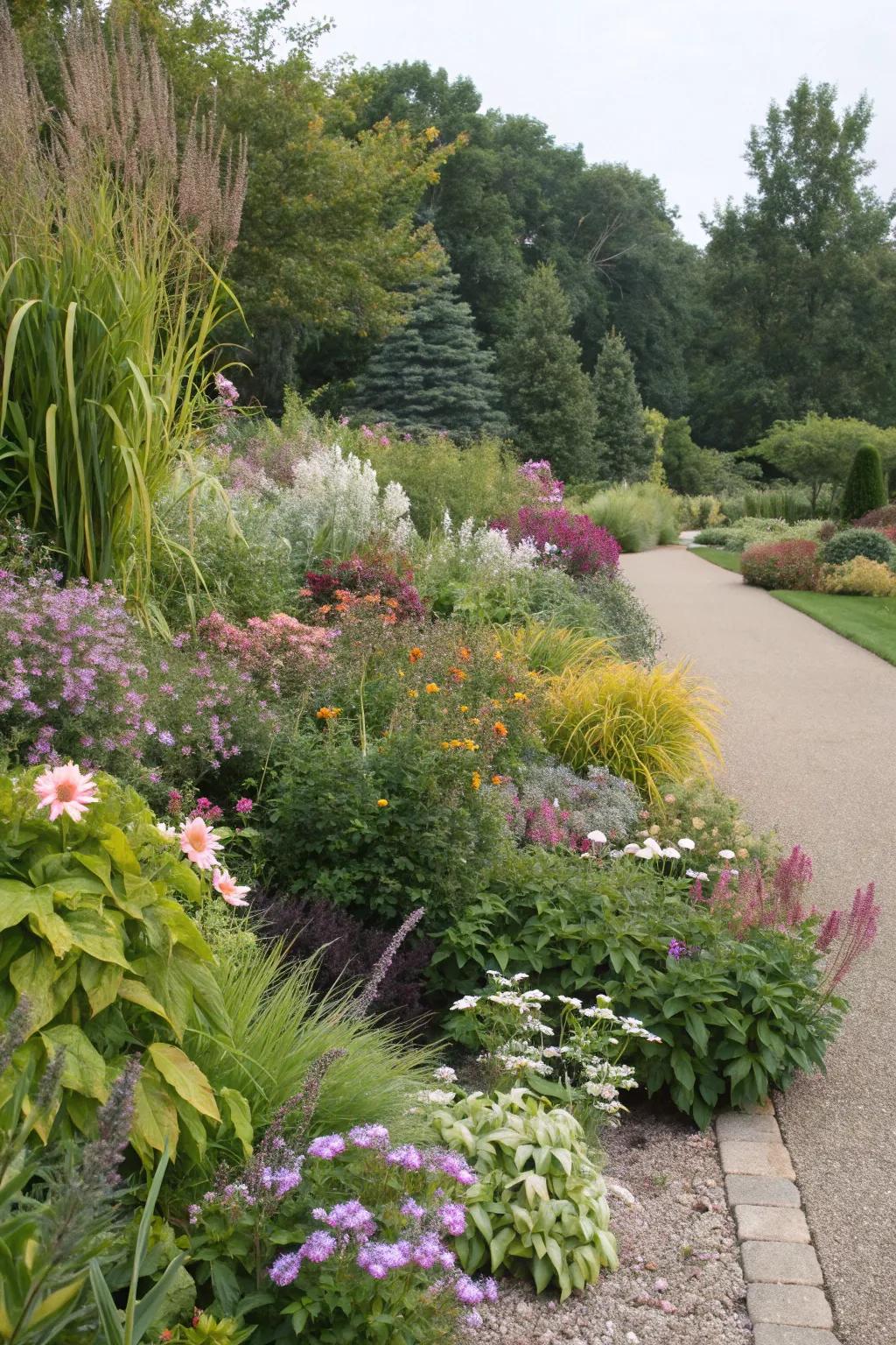 A lively garden border featuring mixed plant heights and textures.