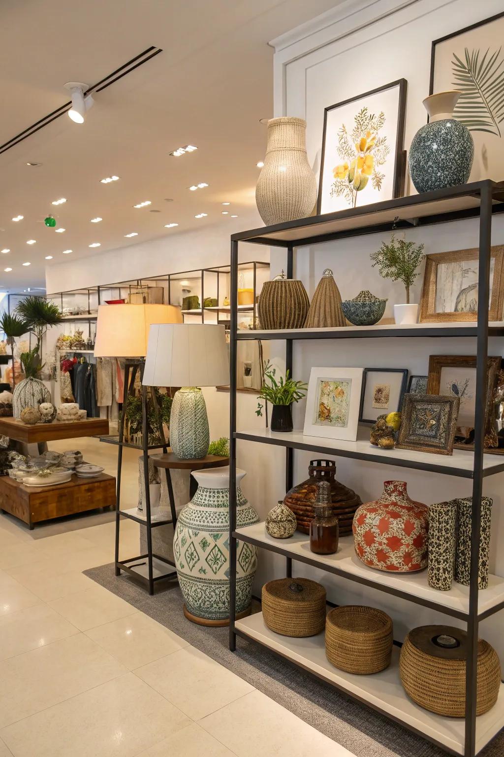 A boutique presenting creative display designs with unique shelving to draw attention to decor pieces.