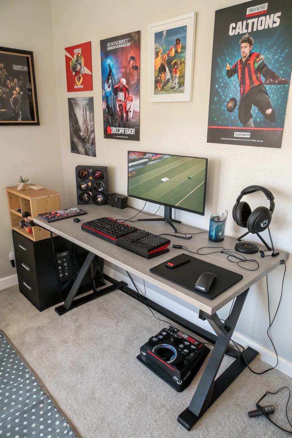 A desk of considerable dimensions incorporating integrated wire management for an organized gaming arrangement.