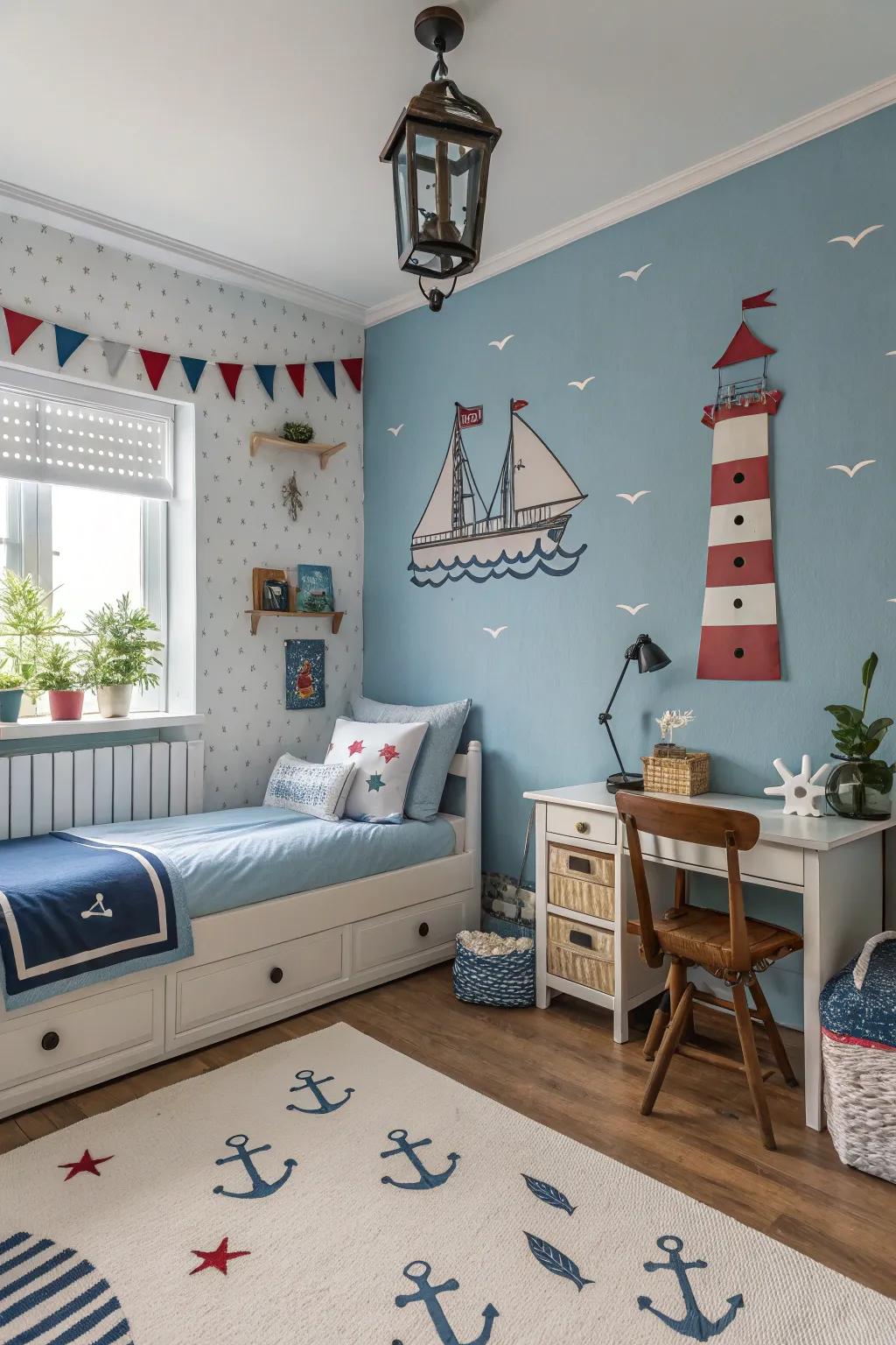 Ocean blue establishes a calm and adventurous space.