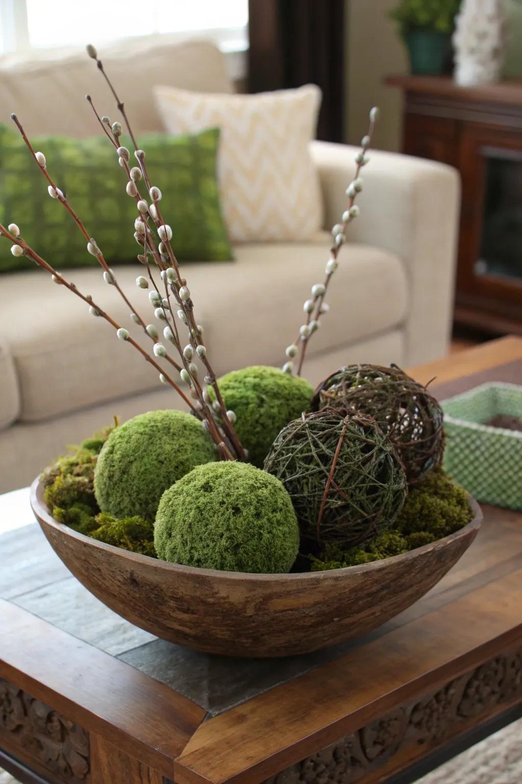 Earthy tones with moss and willow orbs