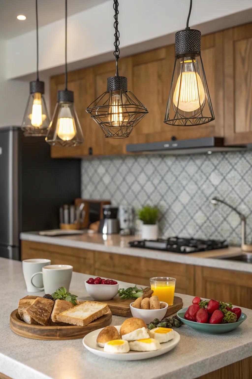 Stylish hanging lights brightening a modern breakfast bar.