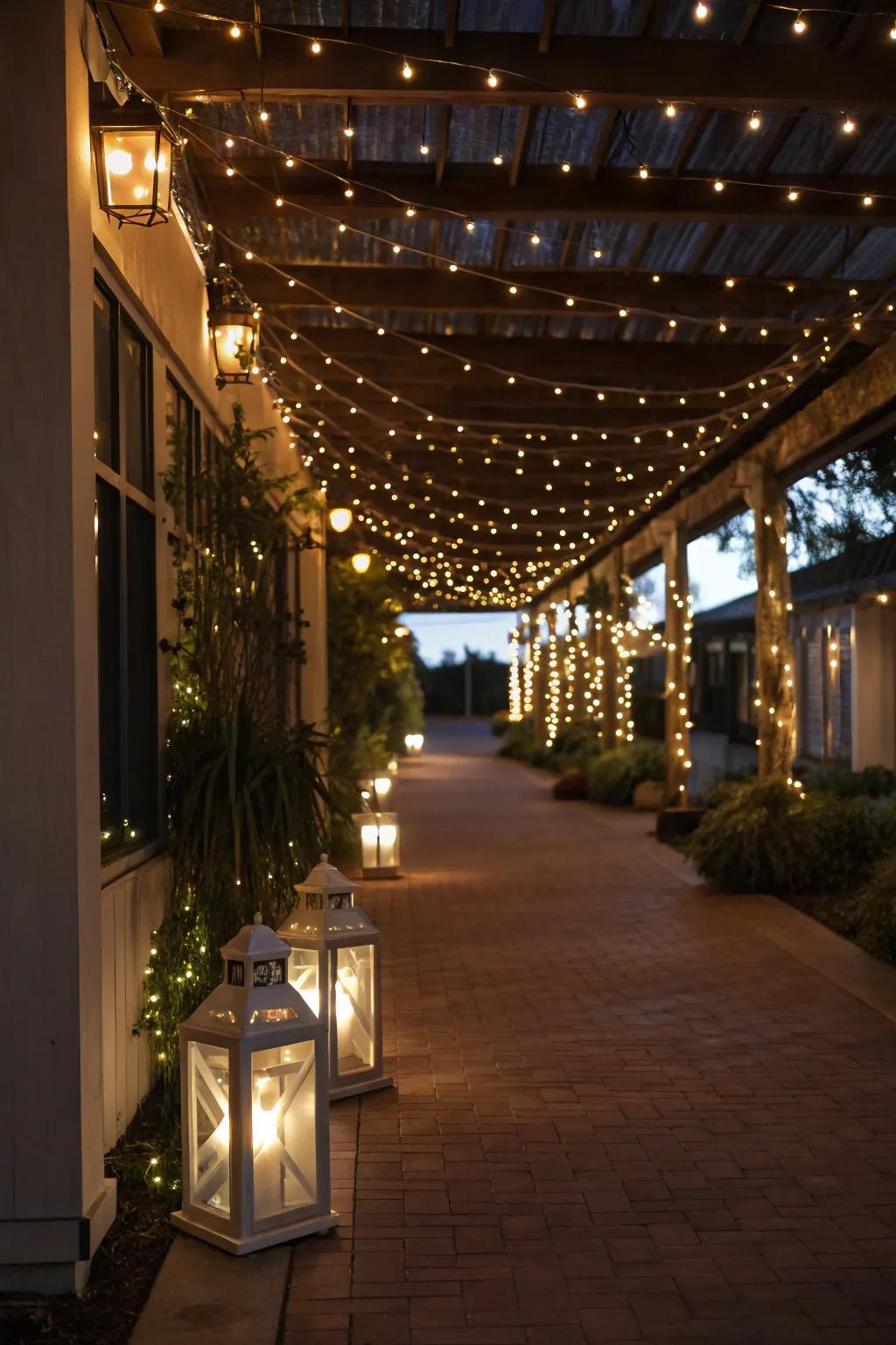 A breezeway aglow with soft lighting, producing a magical feel.