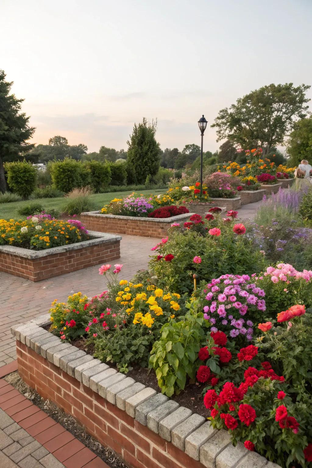 Bright blooms and bricks create a lively garden display.