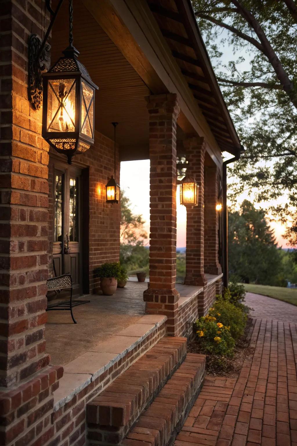 Lanterns emit a comforting light, turning this brick porch into a haven at night.