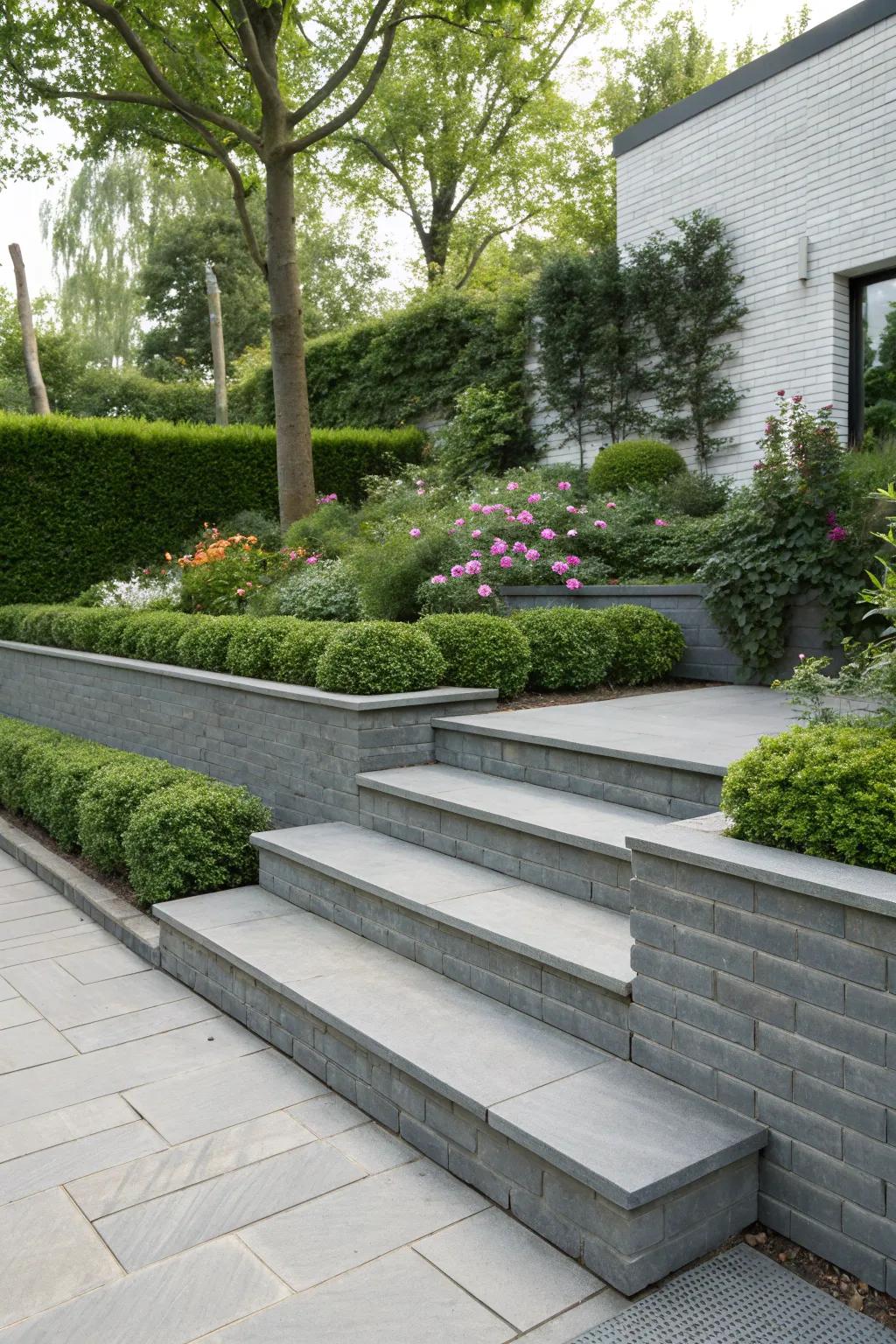 Slate brick steps rendering a contemporary touch to outdoor settings.