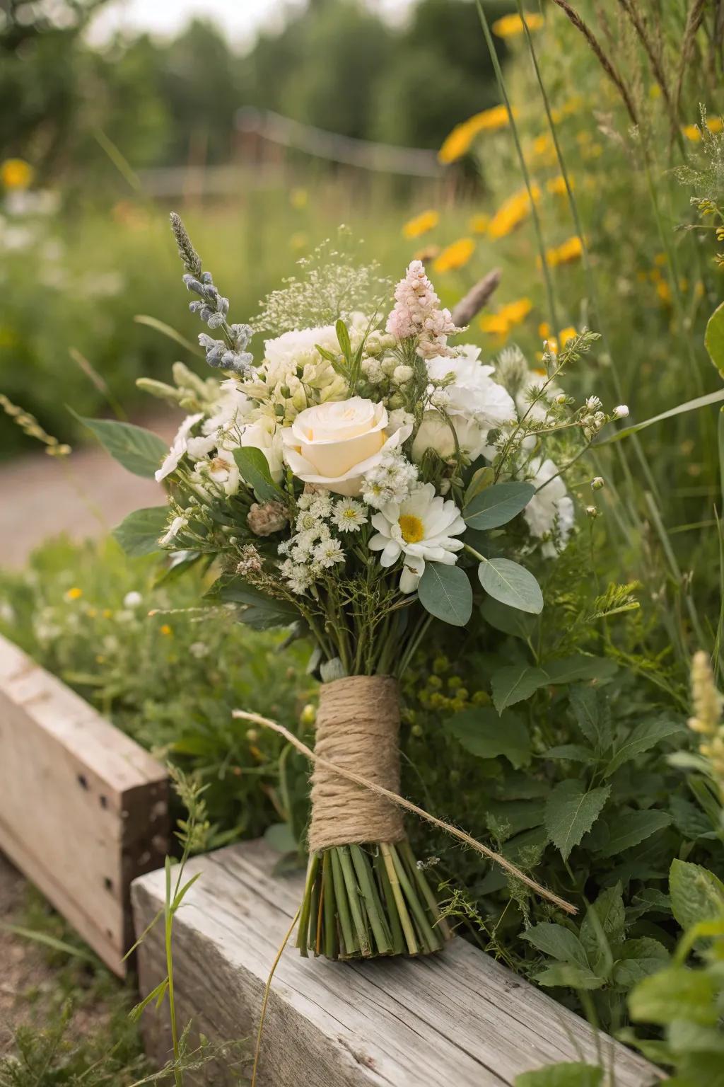 Yarn finishes contribute earthy surface to wildflower wedding bouquets.
