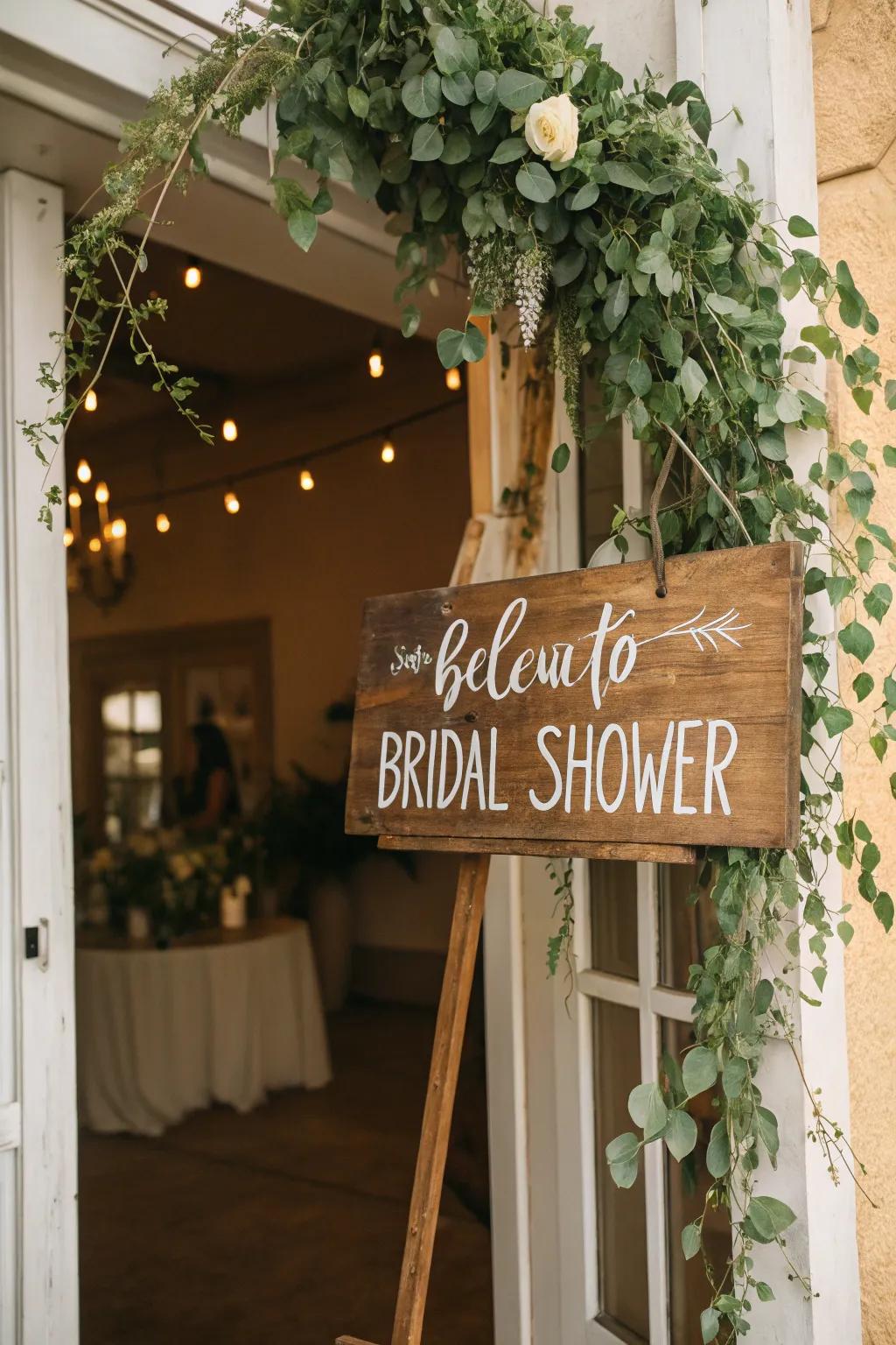 Charming timber signage guides attendees into the bridal shower, integrating a down-to-earth touch.
