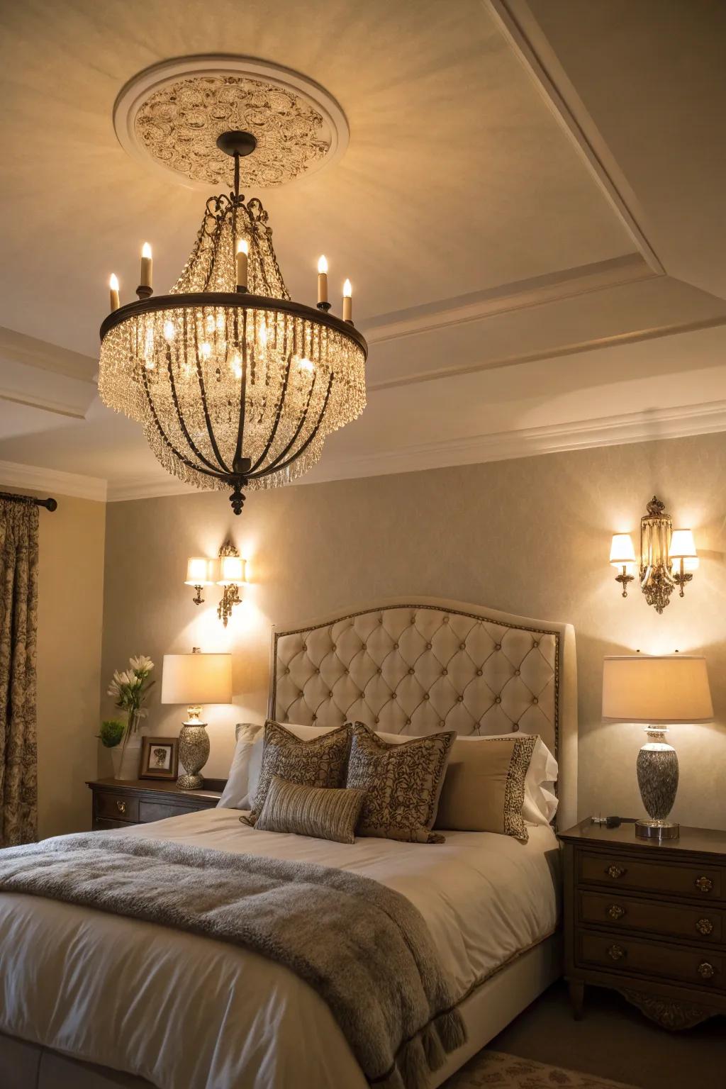 Graded illumination intensifies warmth and dimension in the bedroom.