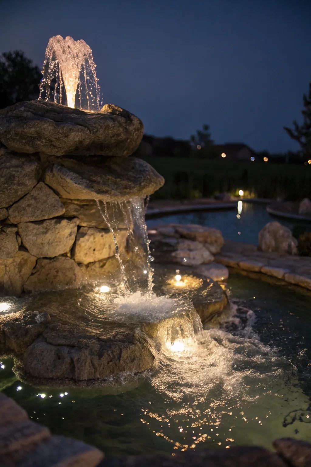 Illumination transforms this fountain into a captivating night spectacle.