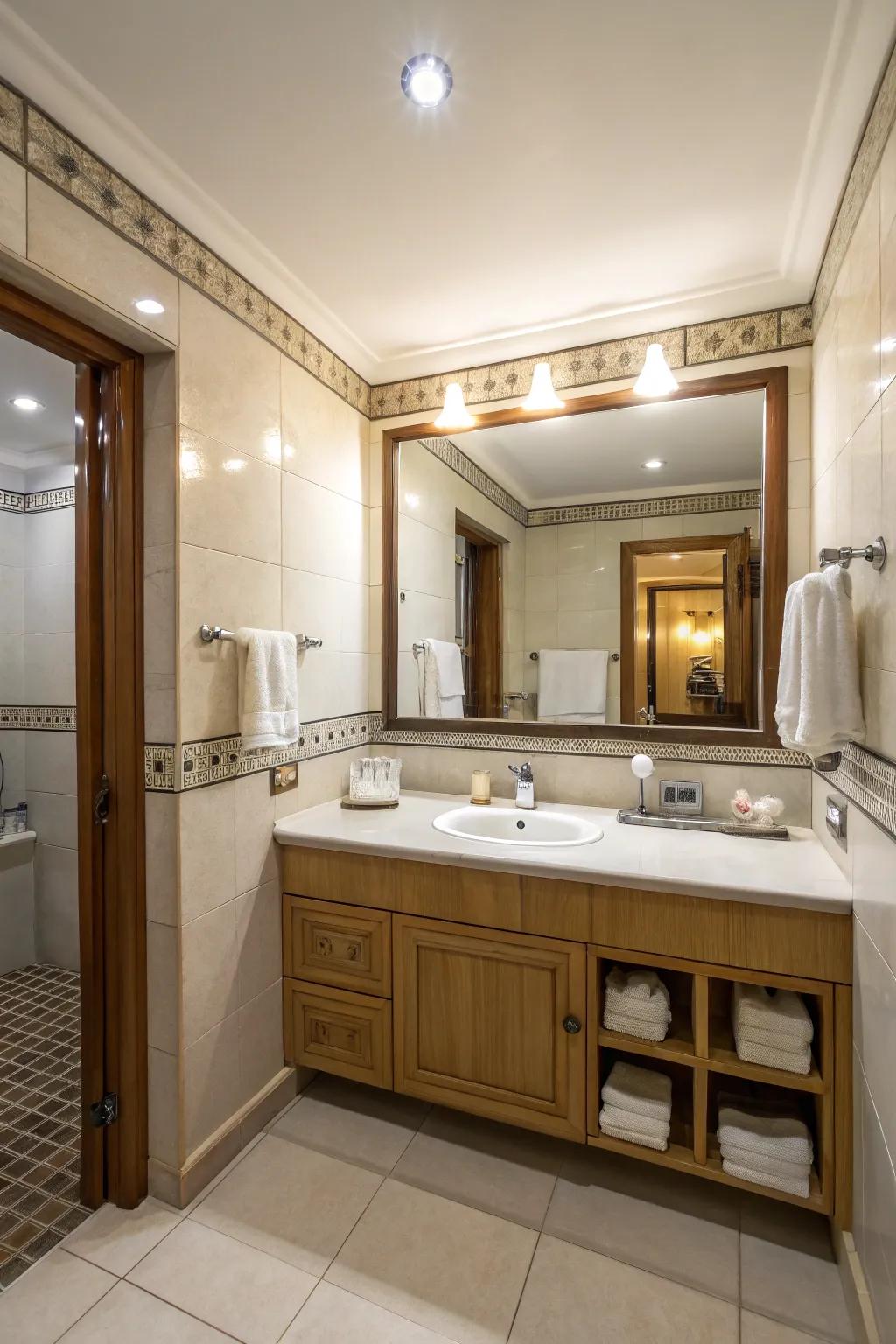 An oversized mirror amplifies the perception of space within a compact bathroom.