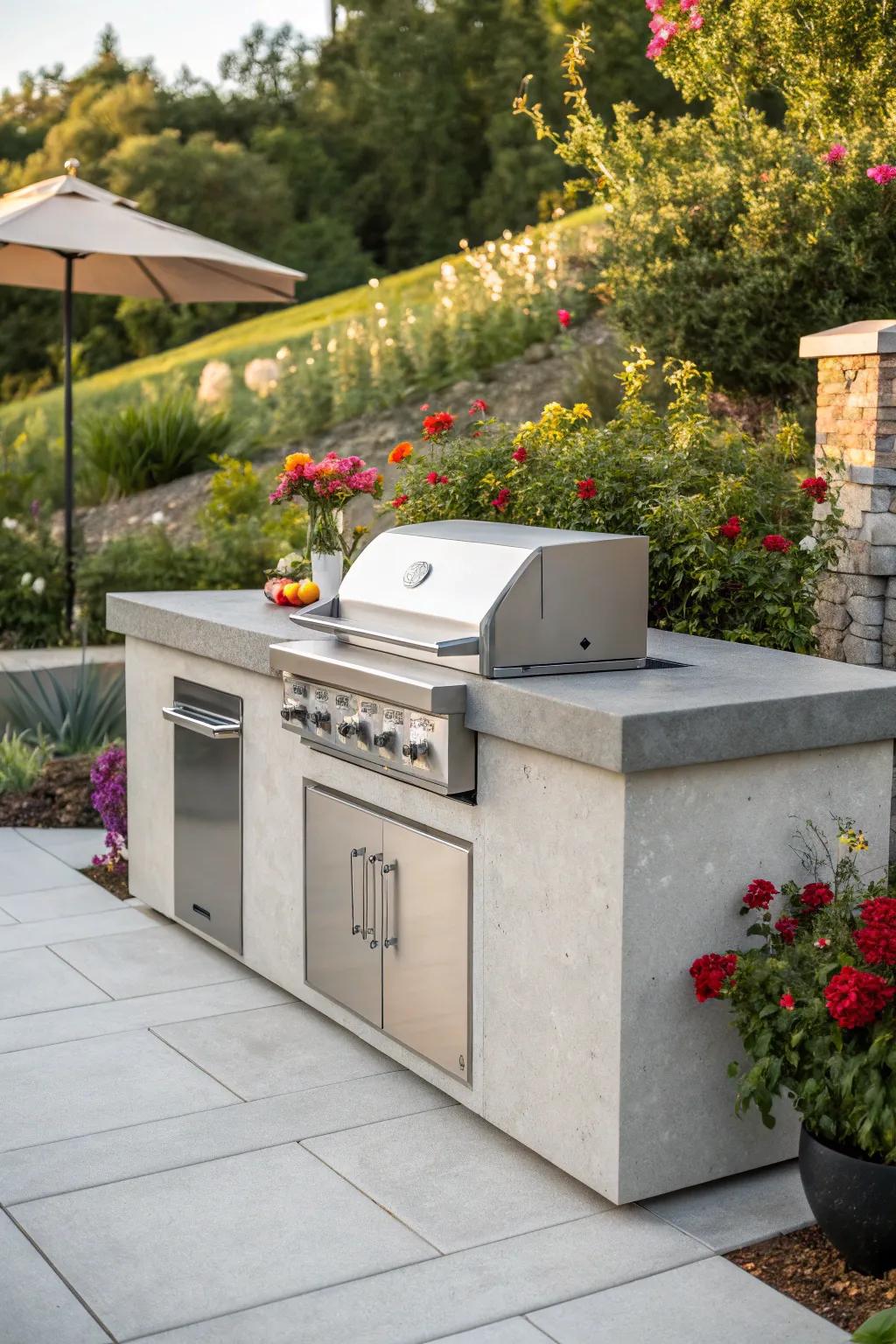 A sleek concrete surface for a modern BBQ arrangement.