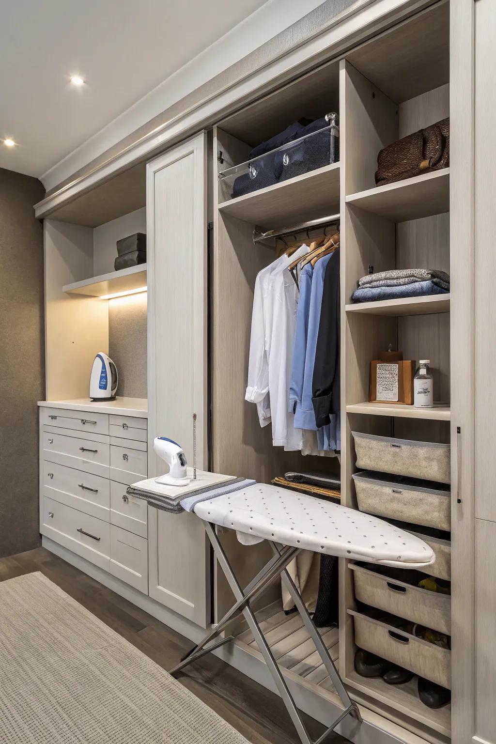 A retractable ironing board offers convenience and saves space.